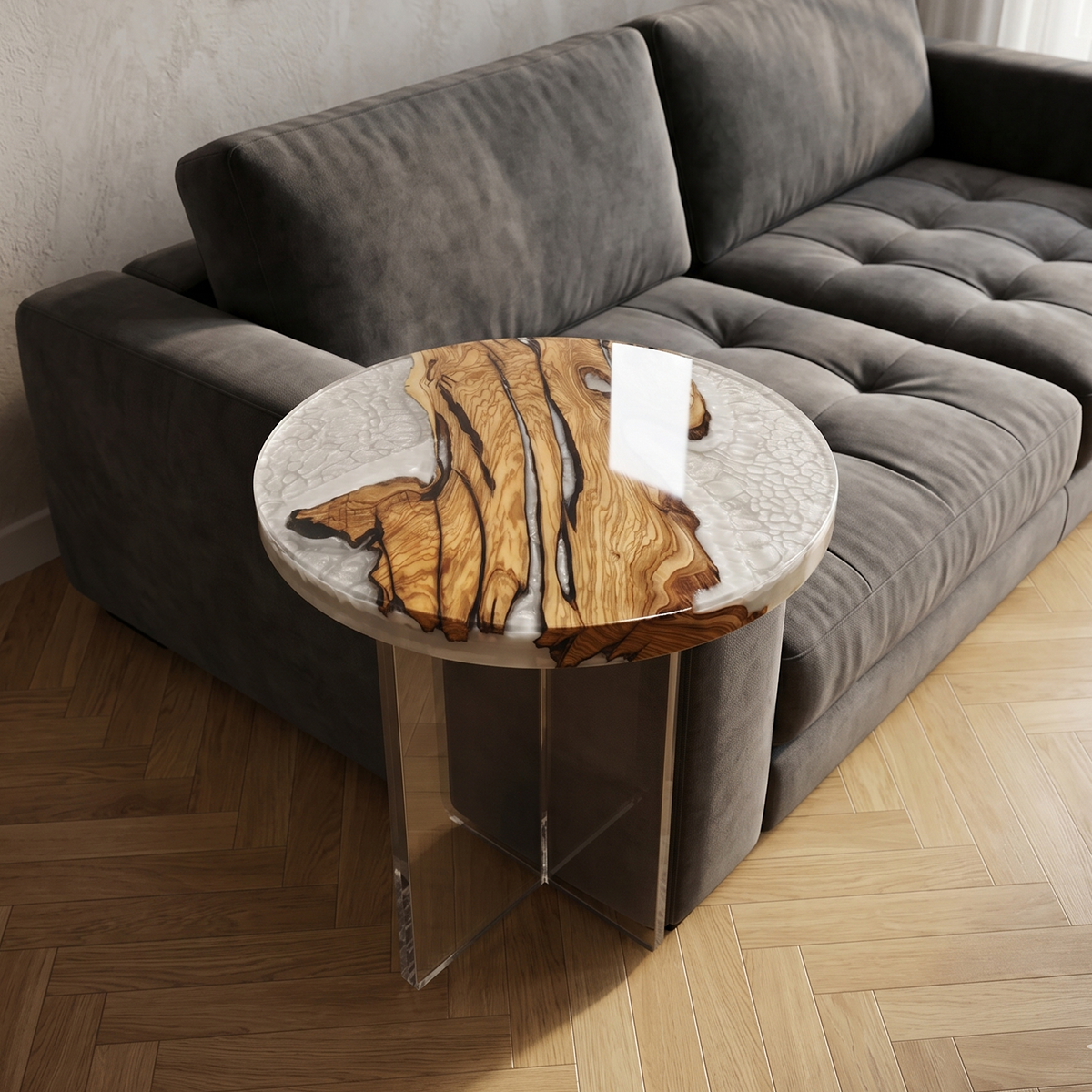 Olive Wood Frosted Epoxy Resin Round Side Table