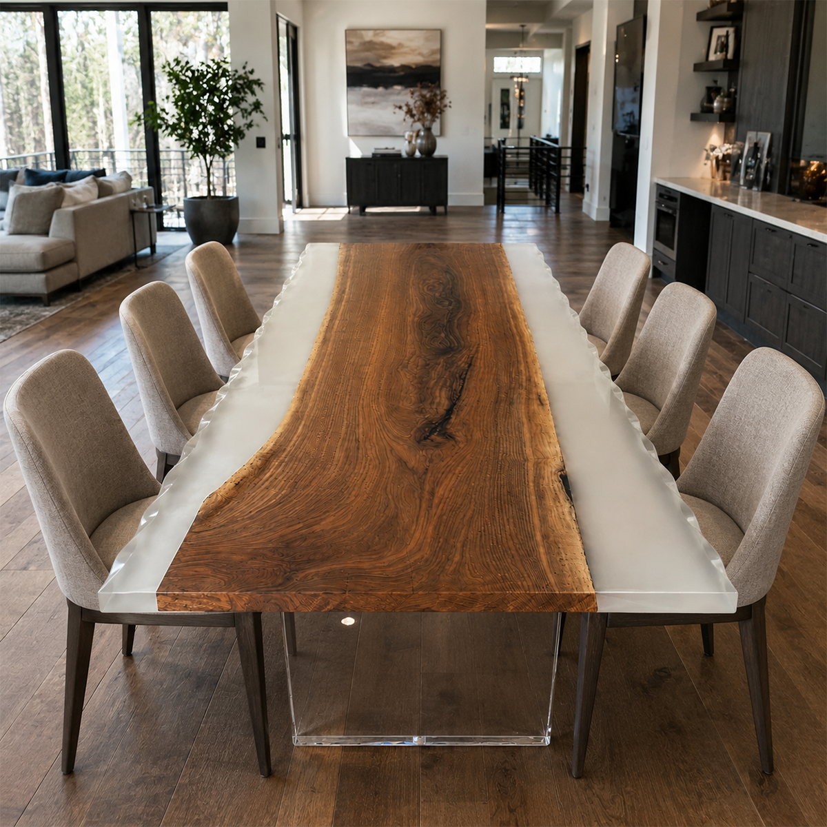 Black Walnut Wood with White Transparent Epoxy Resin Dining Table 37.4"W x 94.5"L Thickness 2.0"
