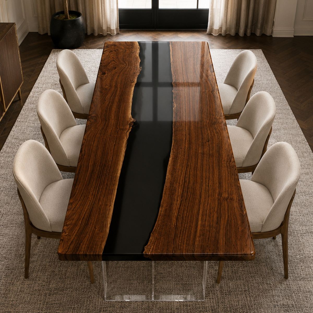 Black Walnut Wood with Transparent Epoxy Resin Dining Table 31.5"W x 78.7"L Thickness 2.0"