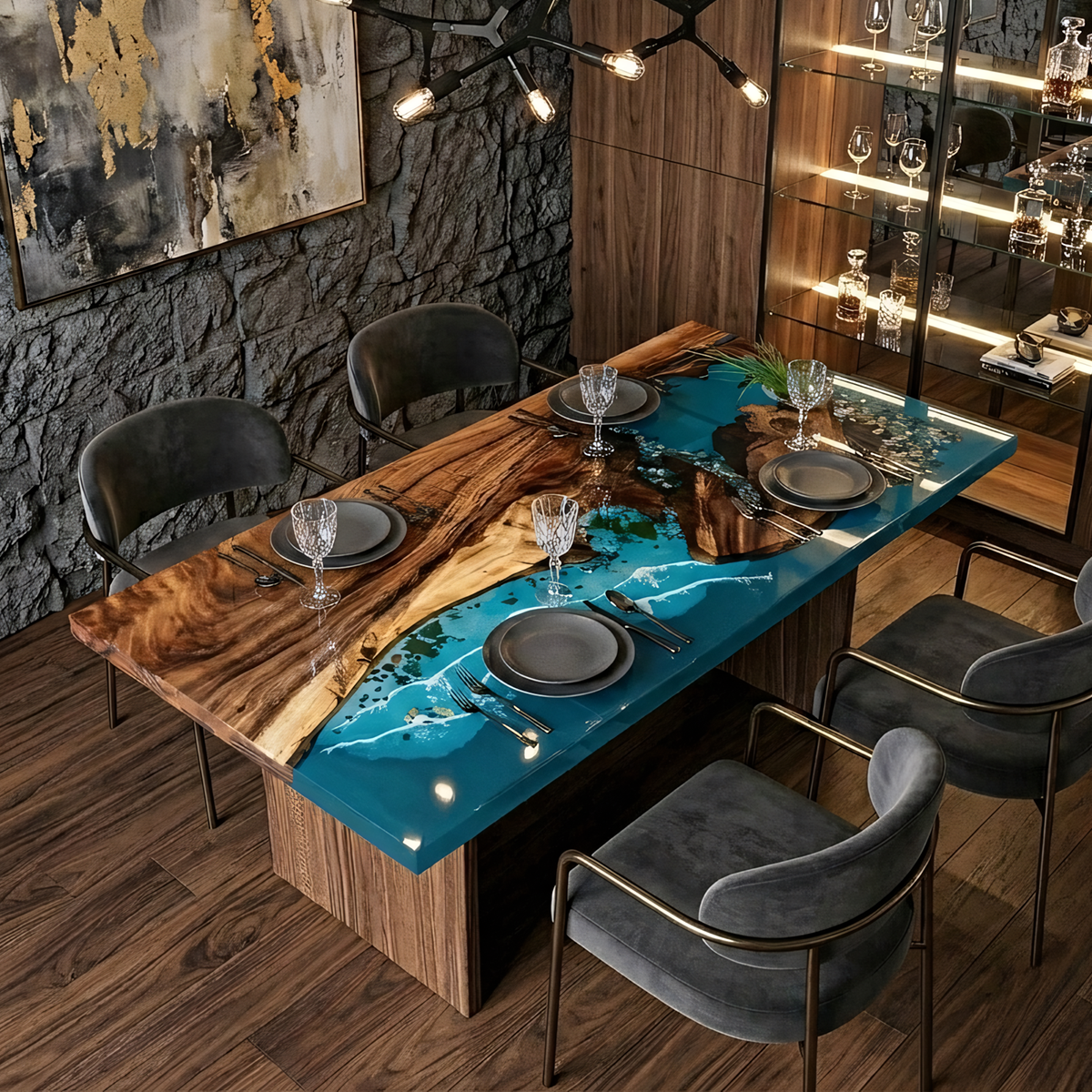 Walnut Wood Coastal Scenery Rectangle Epoxy Resin Dining Table