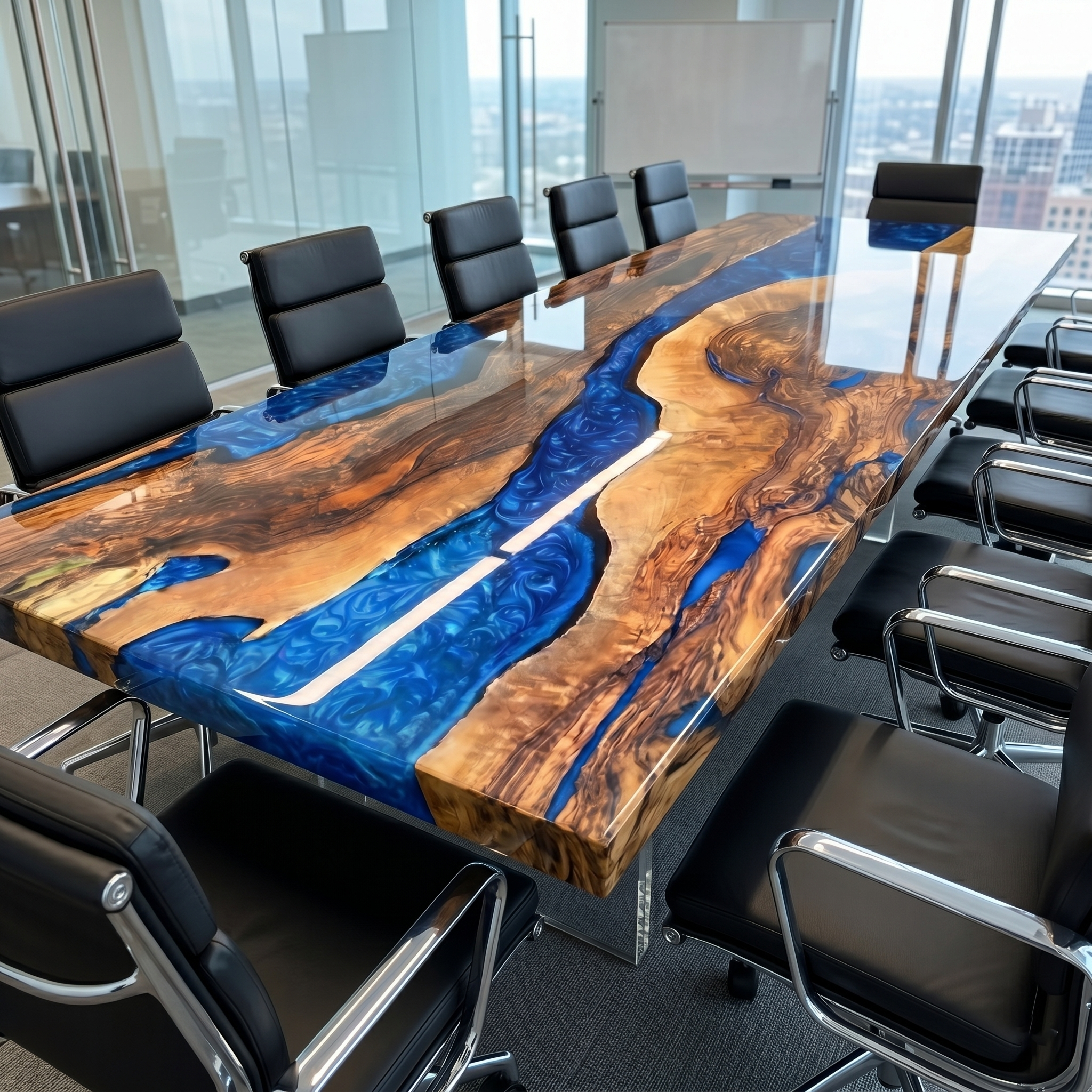 Burl Wood Deep Blue Swirl Epoxy Resin River Dining Table