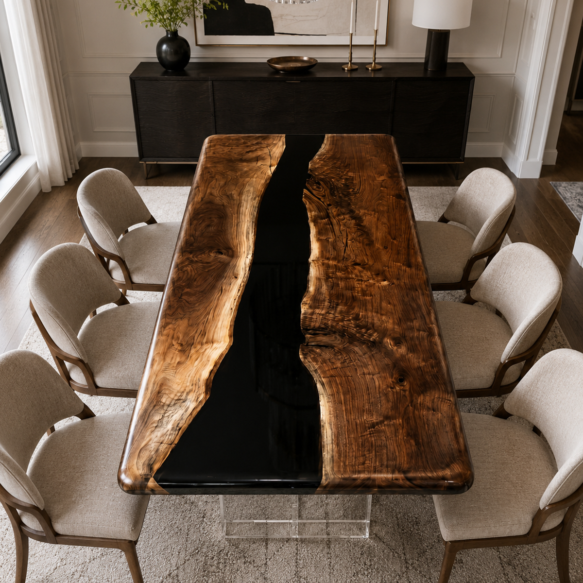 Black Walnut with Black Epoxy Resin Dining Table 31.5"W x 70.9"L Thickness 2.0"