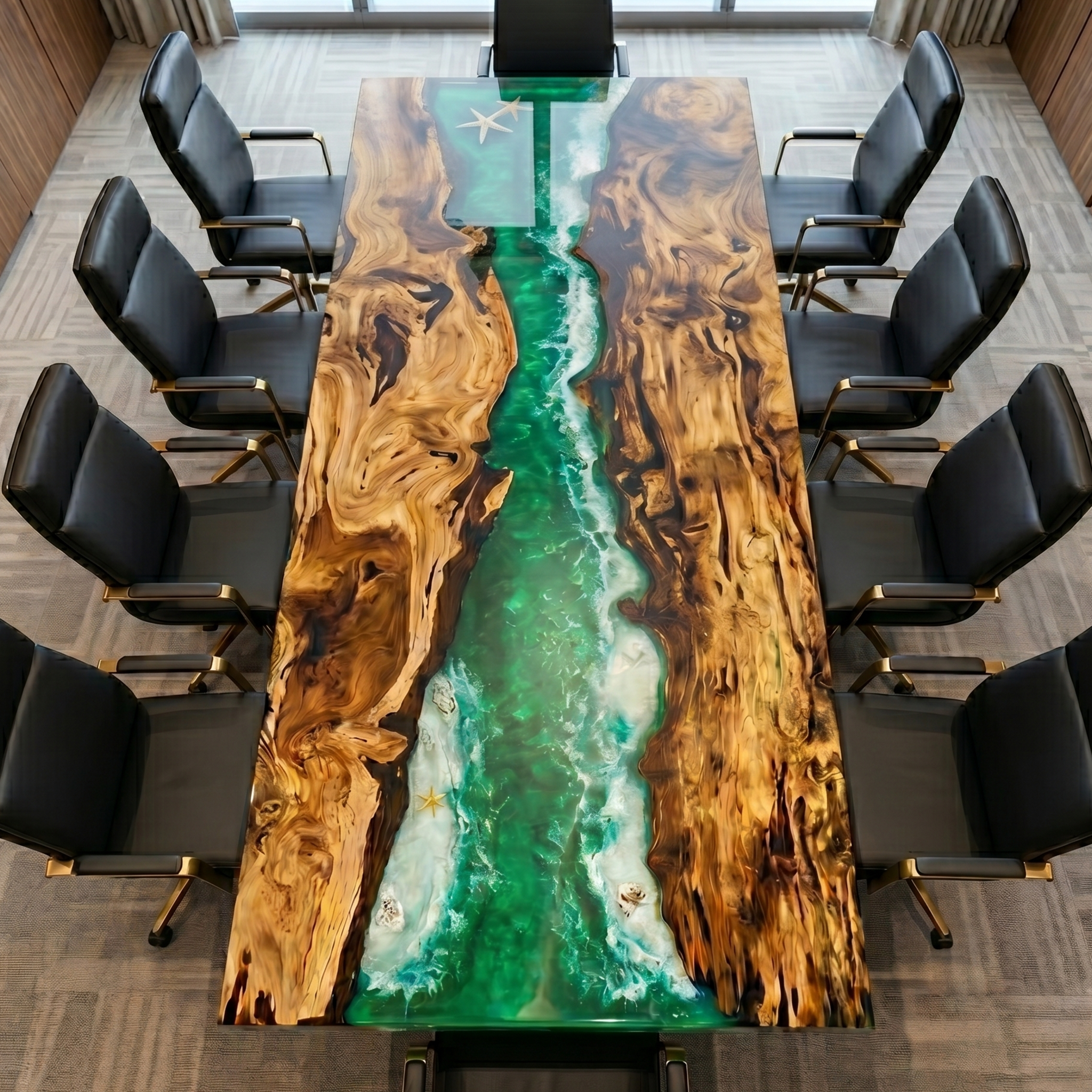 Olive Wood Green Ocean Wave Epoxy Resin Conference Table