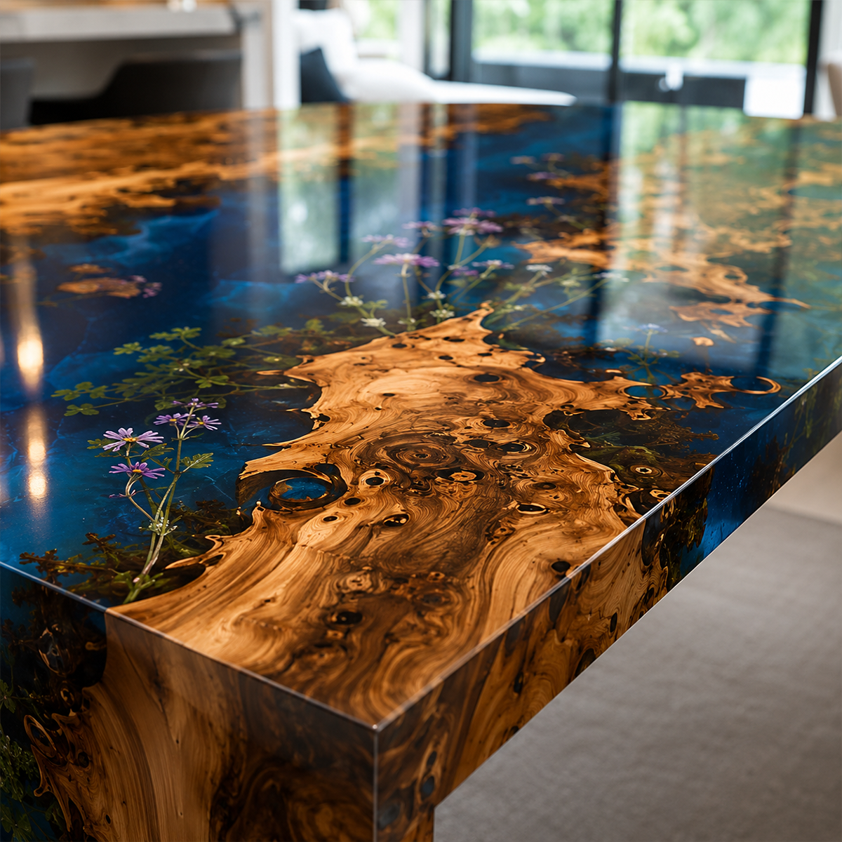 Walnut Wood Flower Blue Epoxy Resin Waterfall Dining Table