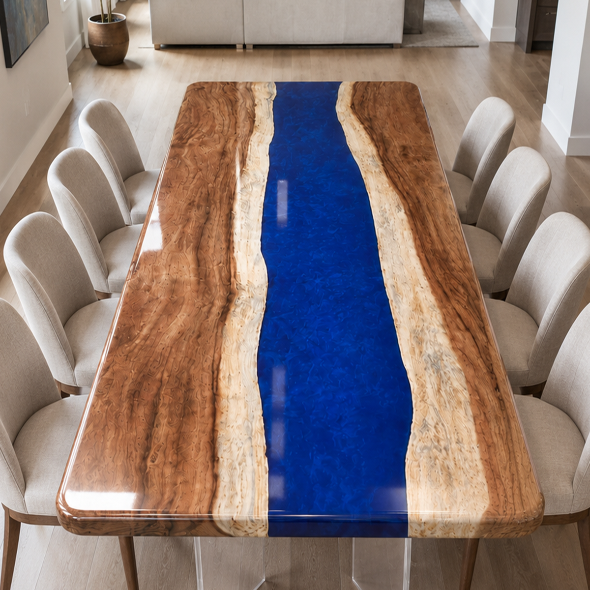 Walnut Wood with Blue Epoxy Resin Dining Table