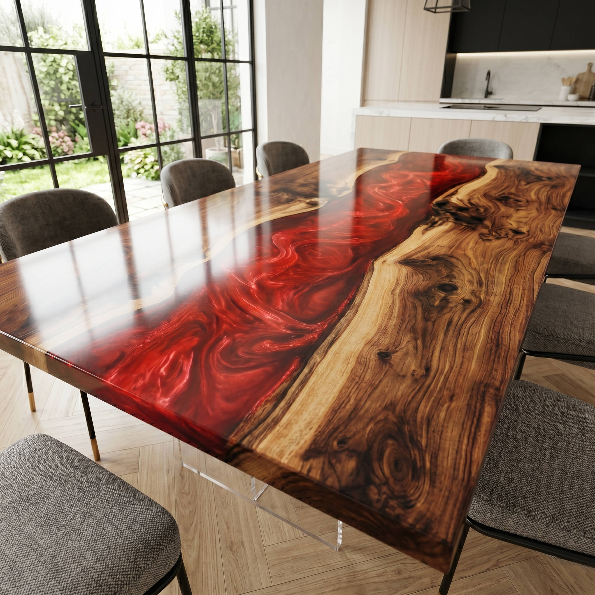 Black Walnut Deep Red Swirl Epoxy Resin River Dining Table