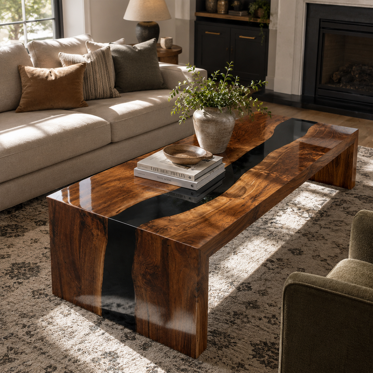 Walnut Wood Black River Epoxy Resin Waterfall Coffee Table