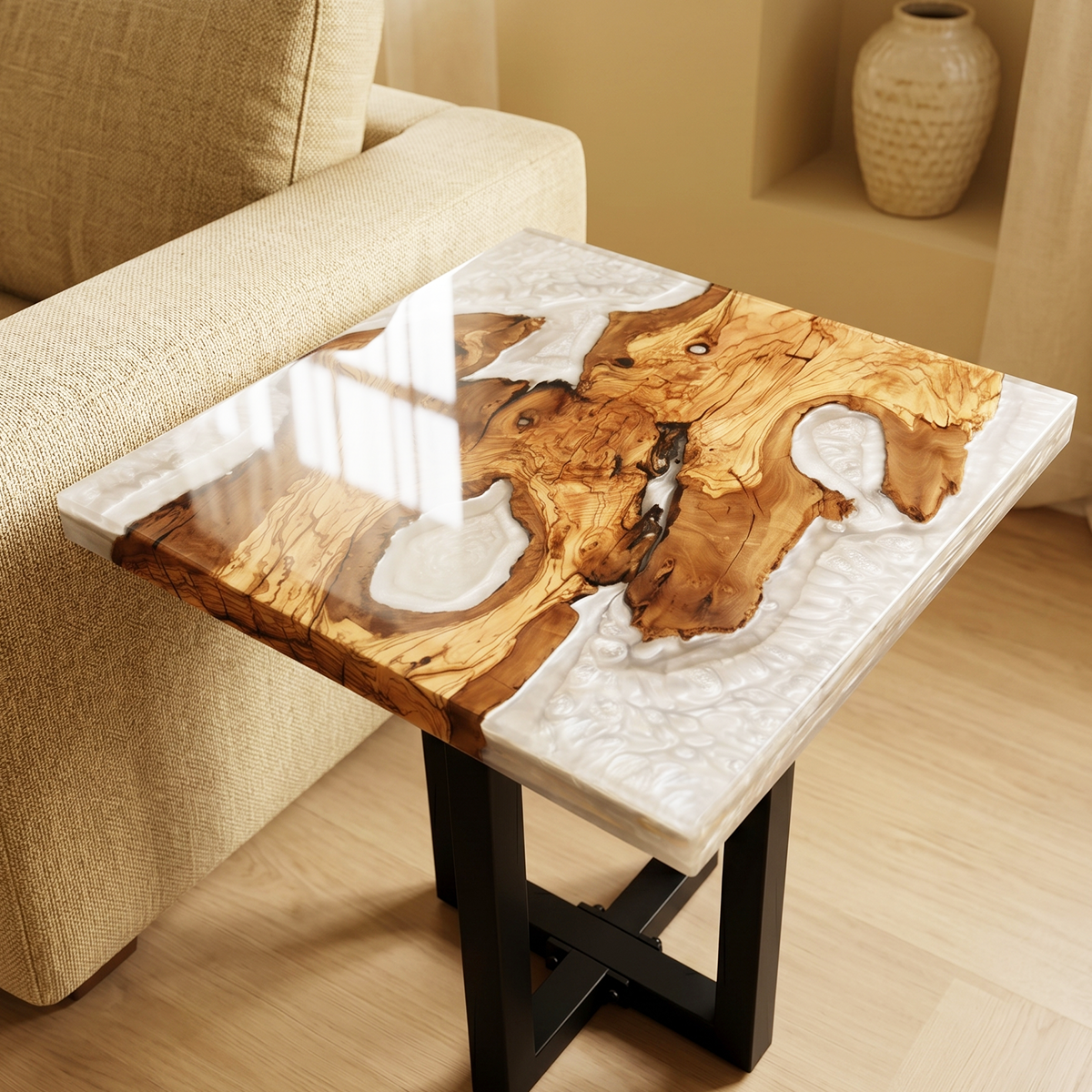 Olive Wood & Frosted Epoxy Resin Side Table