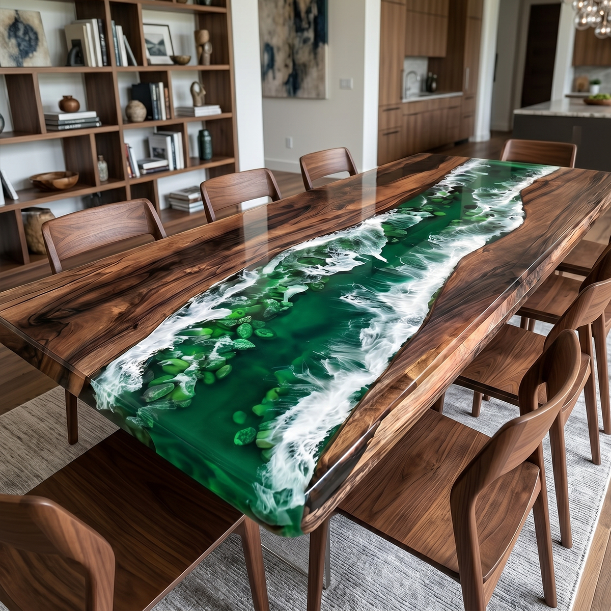 Black Walnut with Green Wave Epoxy Resin Dining Table