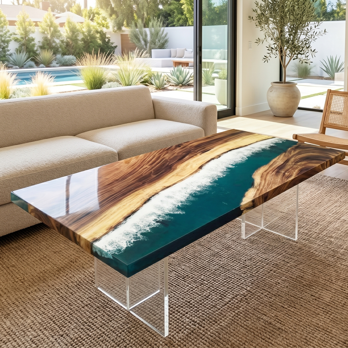 Walnut Teal Ocean Wave Epoxy Resin Coffee Table