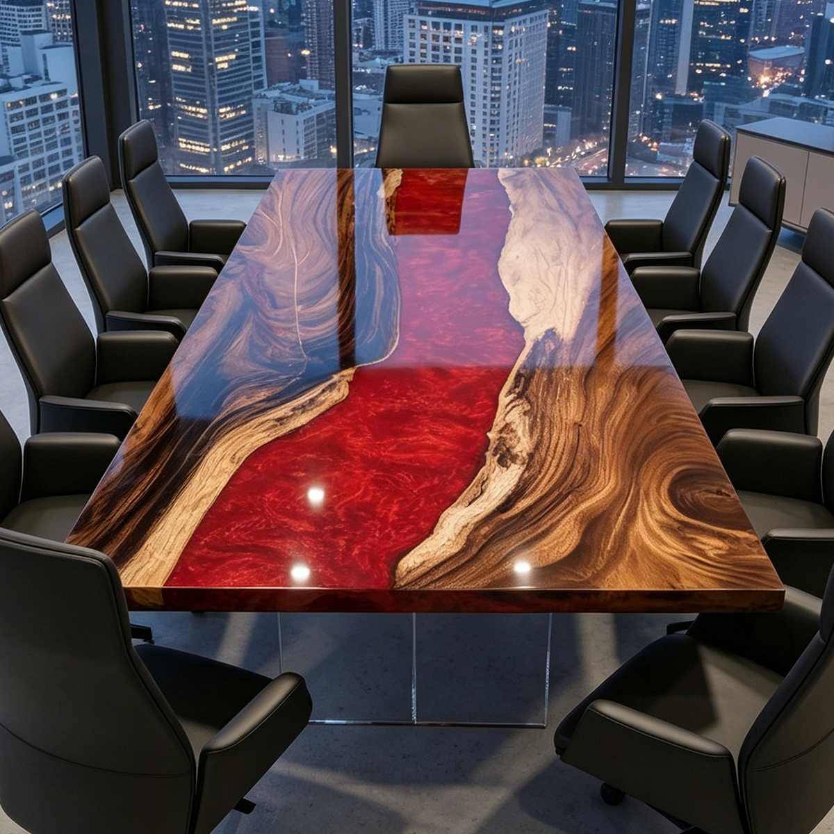 Black Walnut Wood Red River Epoxy Resin Conference Table