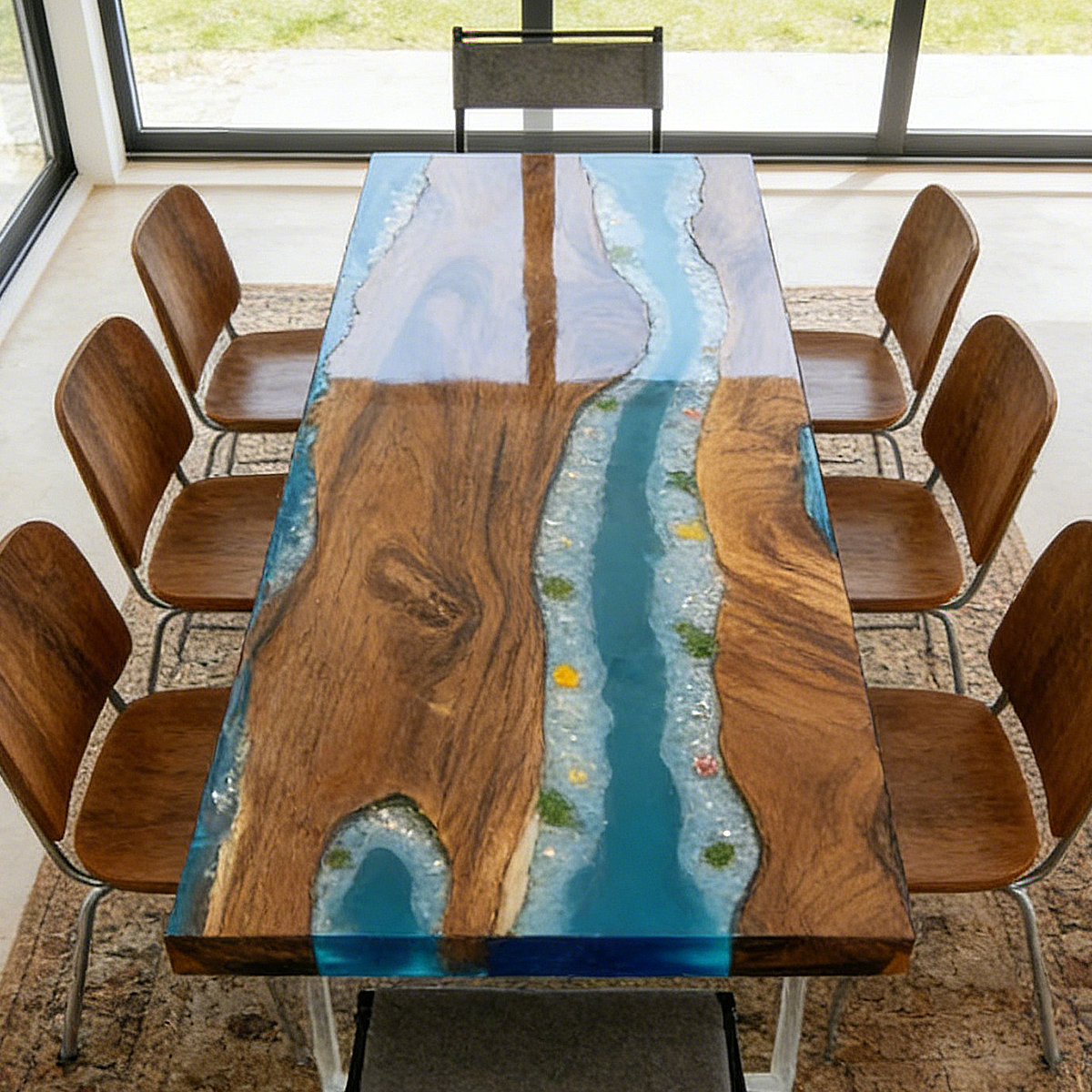 Walnut Wood Blue River Rectangle Epoxy Resin Dining Table