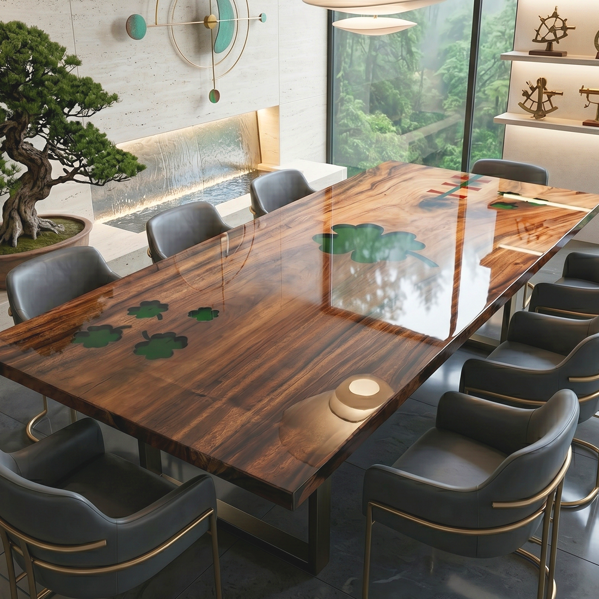 Walnut Wood Shamrock Inlay  Epoxy Resin Dining Table