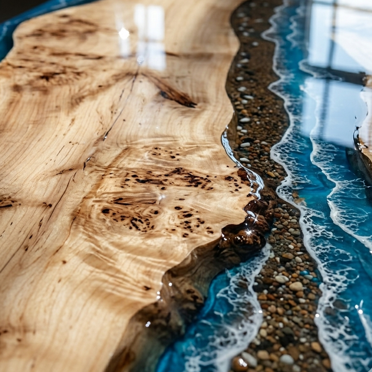 Poplar Wood Blue River Rectangle Epoxy Resin Dining Table