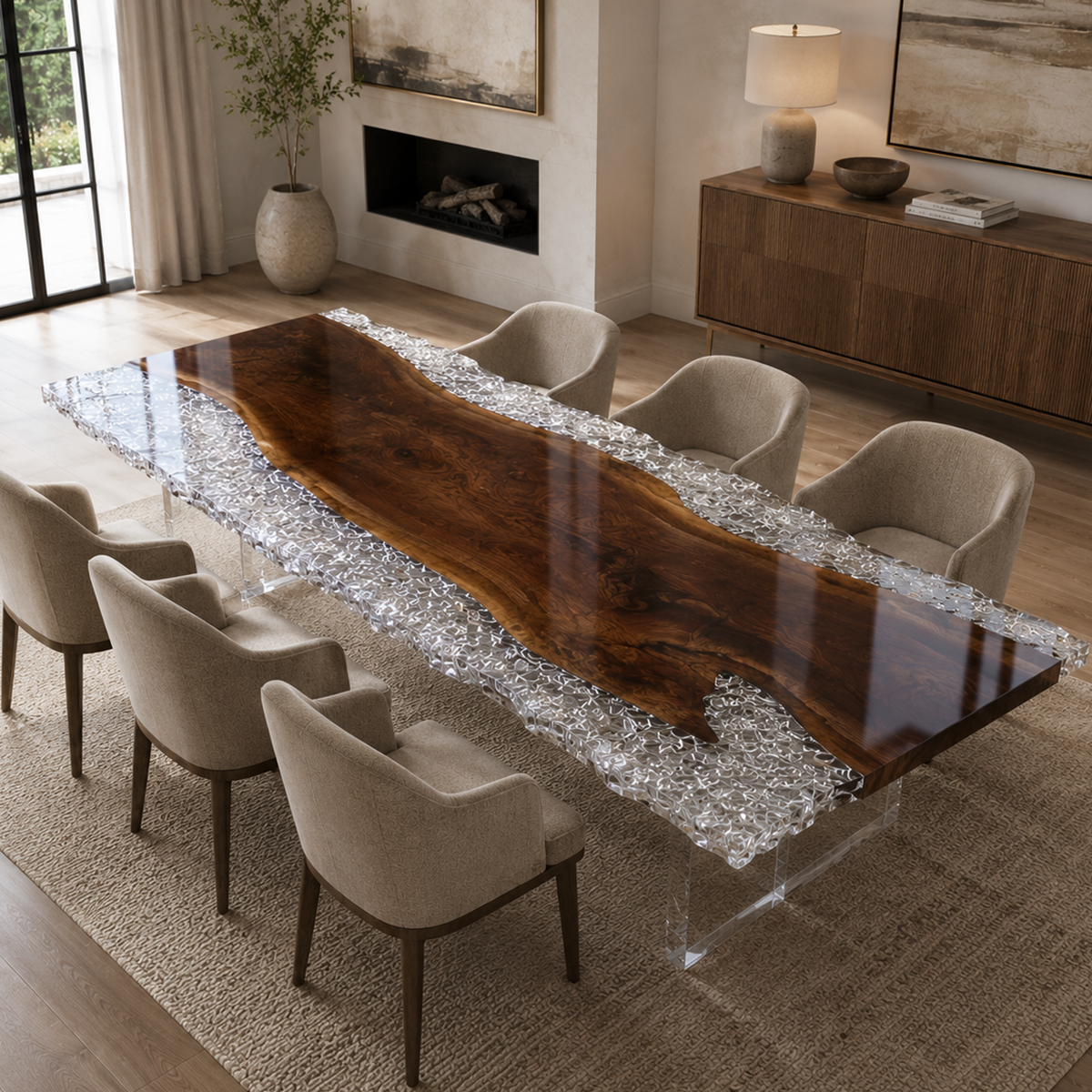 Black Walnut Wood Crushed Ice Clear Edge Epoxy Resin Dining Table 37.4"W x 93.7"L Thickness 2.0"