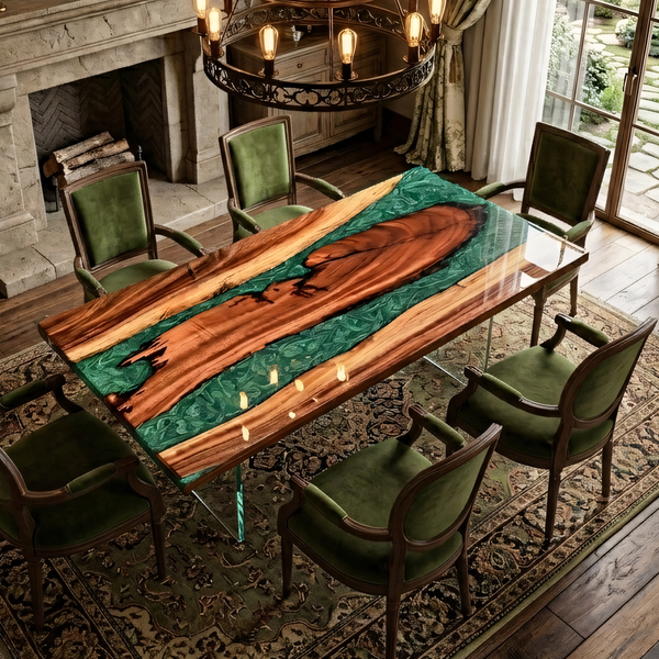 Walnut Wood Green River Rectangle Epoxy Resin Dining Table