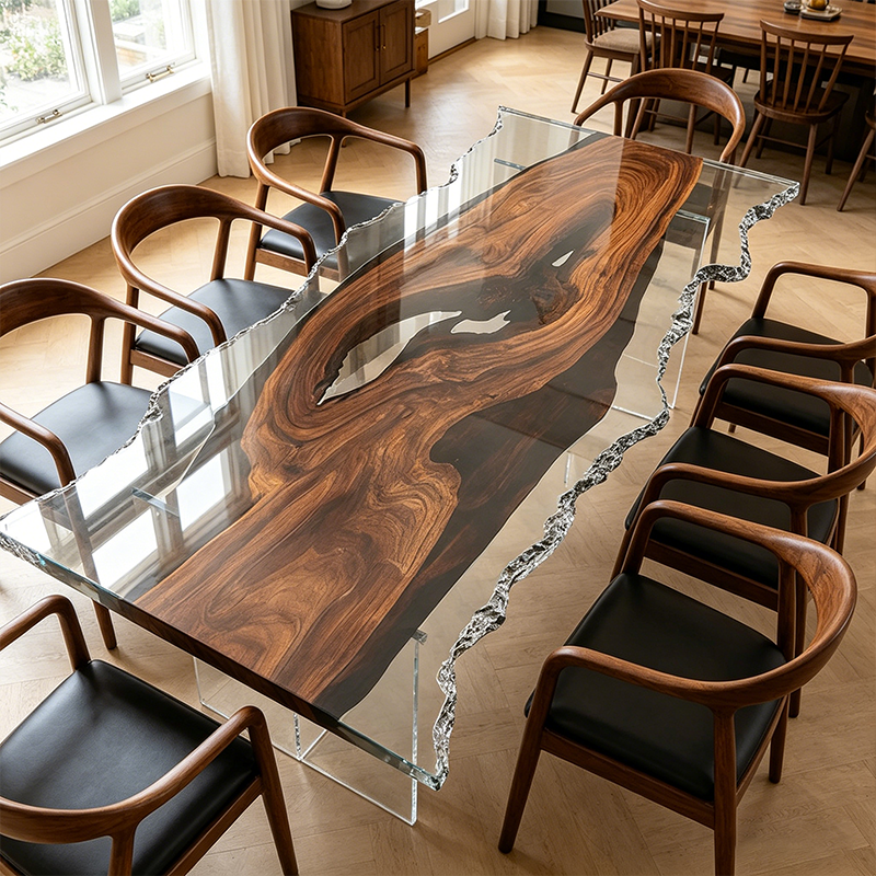 Black Walnut Wood with Clear Epoxy Resin Dining Table 78.7" L × 35.4" W Thickness 2"