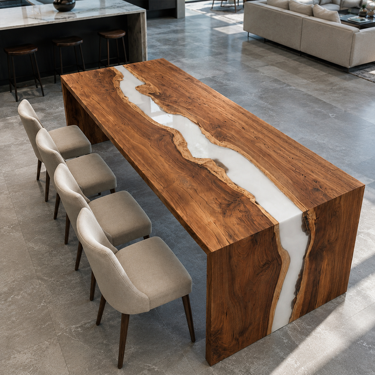 Walnut Wood White Epoxy Resin Waterfall Dining Table