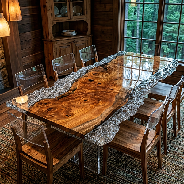 Olive Burl Wood Silver Metallic Epoxy Live Edge Dining Table