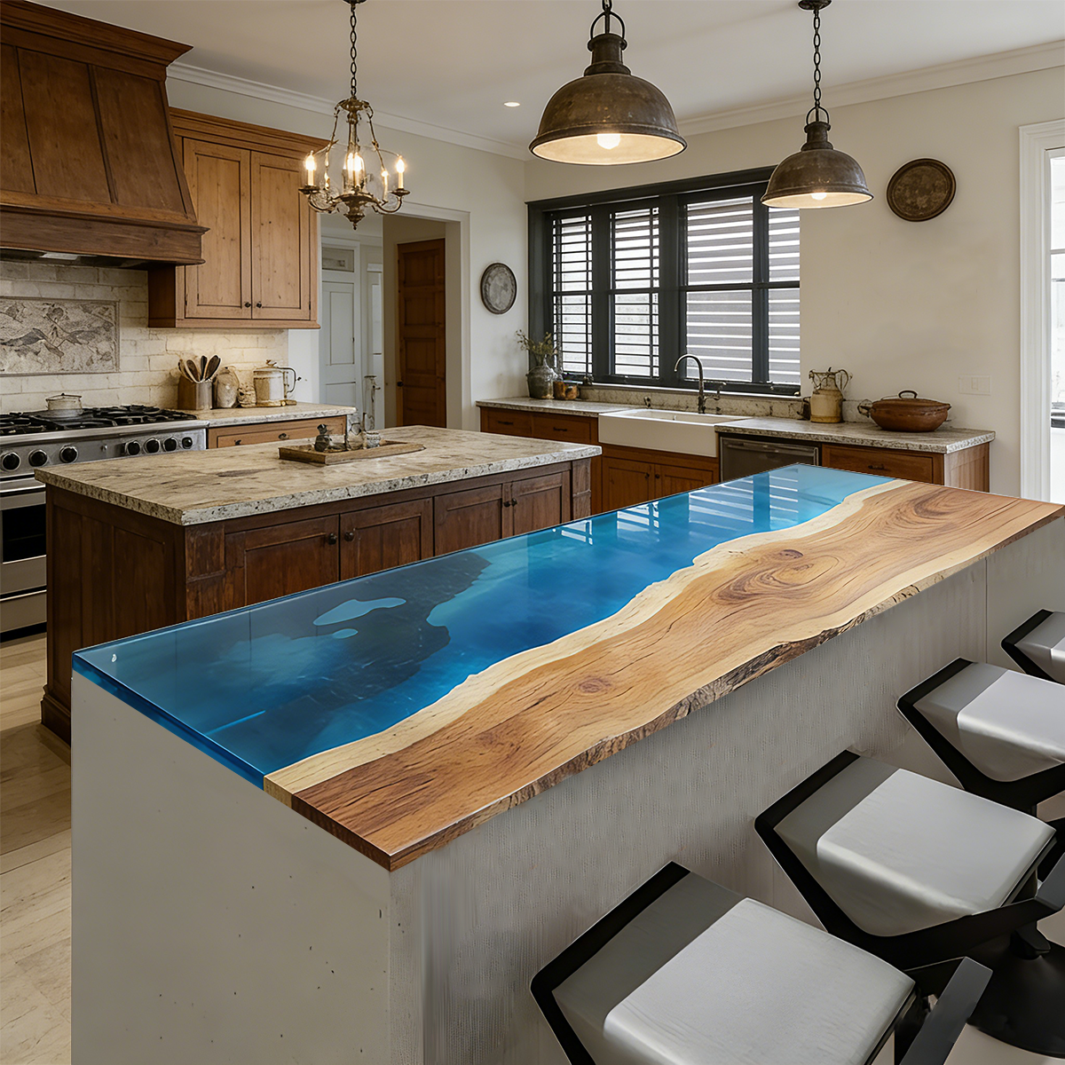 Blue Vein Walnut Rectangle River Resin Countertop