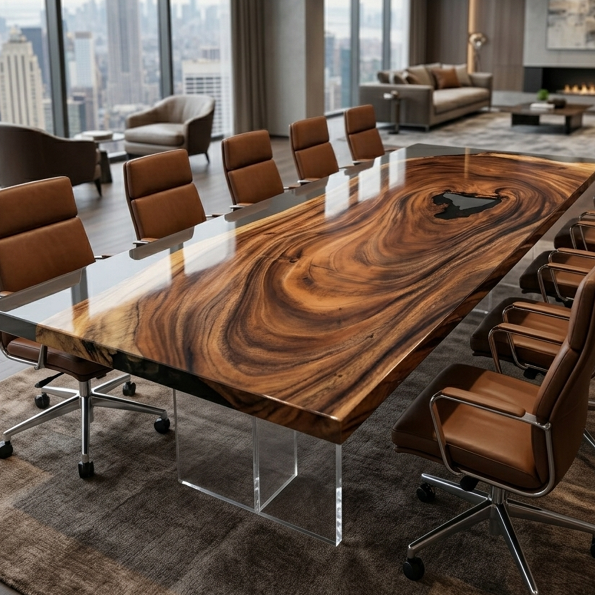 Walnut Wood Rectangular Resin Conference Table