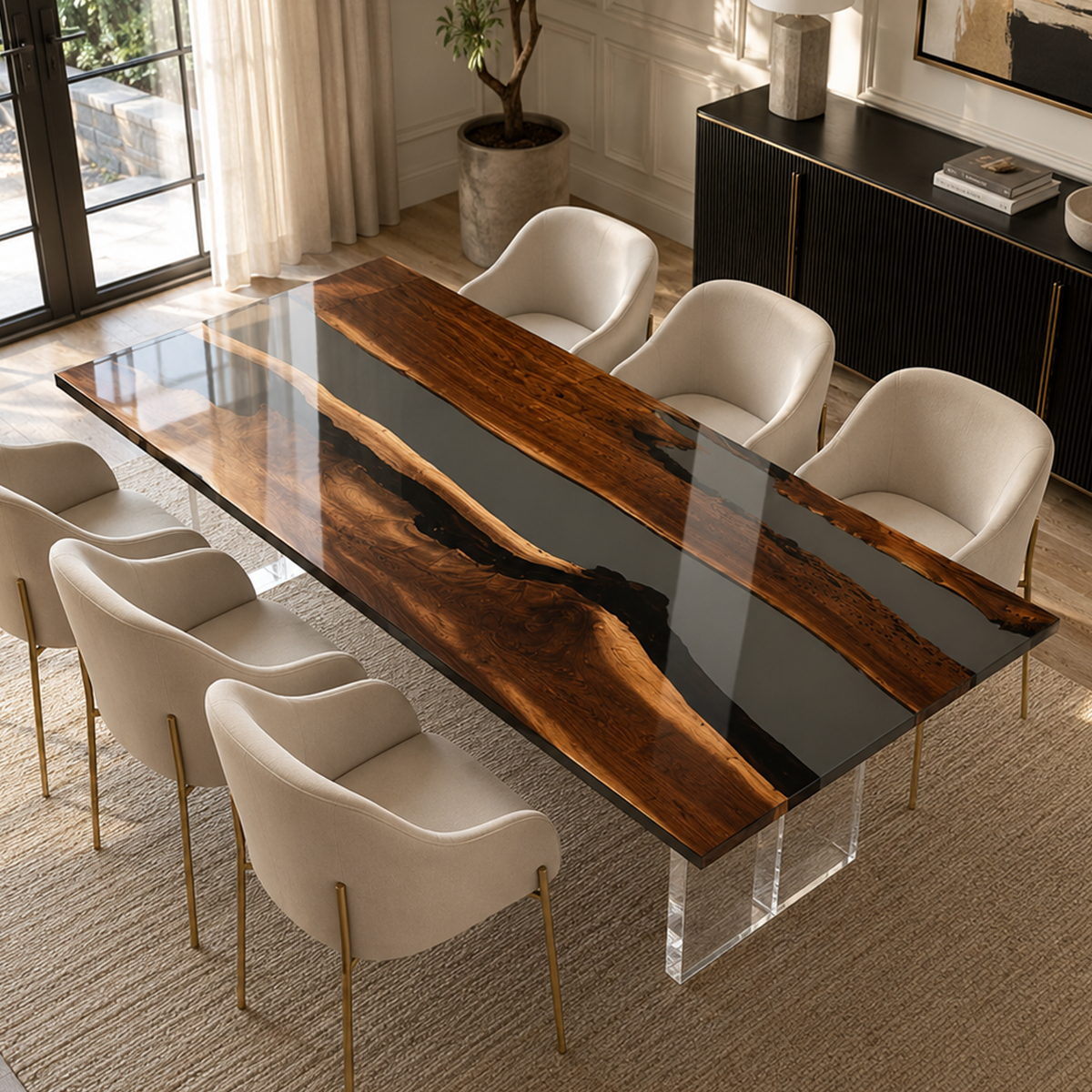 Black Walnut Wood with Transparent Epoxy Resin Dining Table 29.9"W x 71.7"L Thickness 1.6"