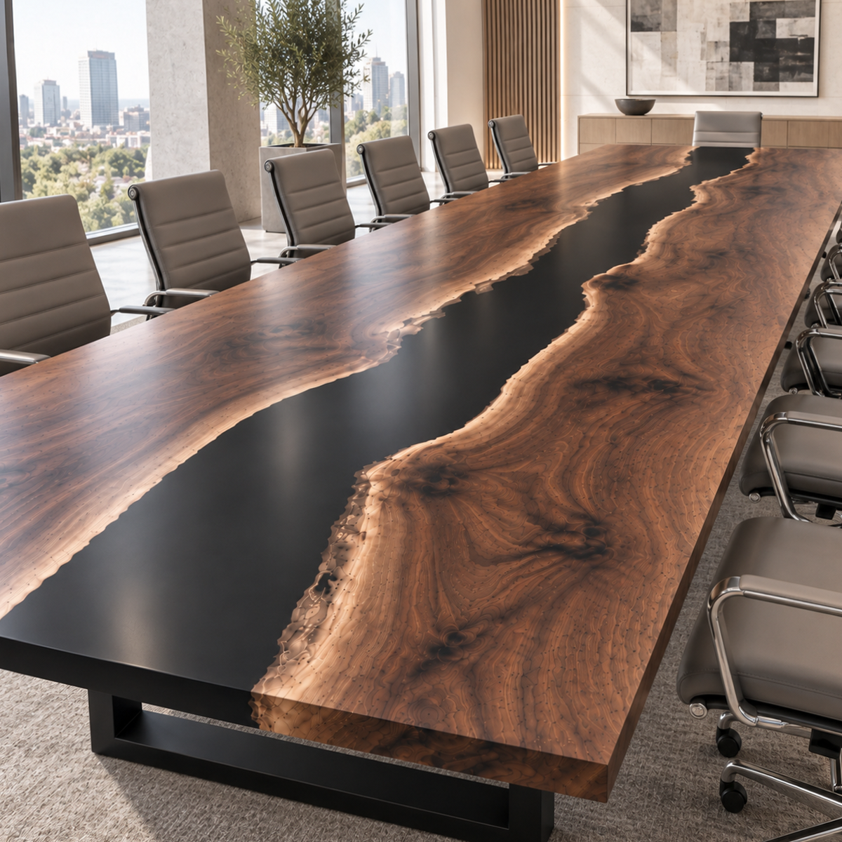 Large Custom Handcrafted Black Walnut Epoxy Resin River Office Conference Table