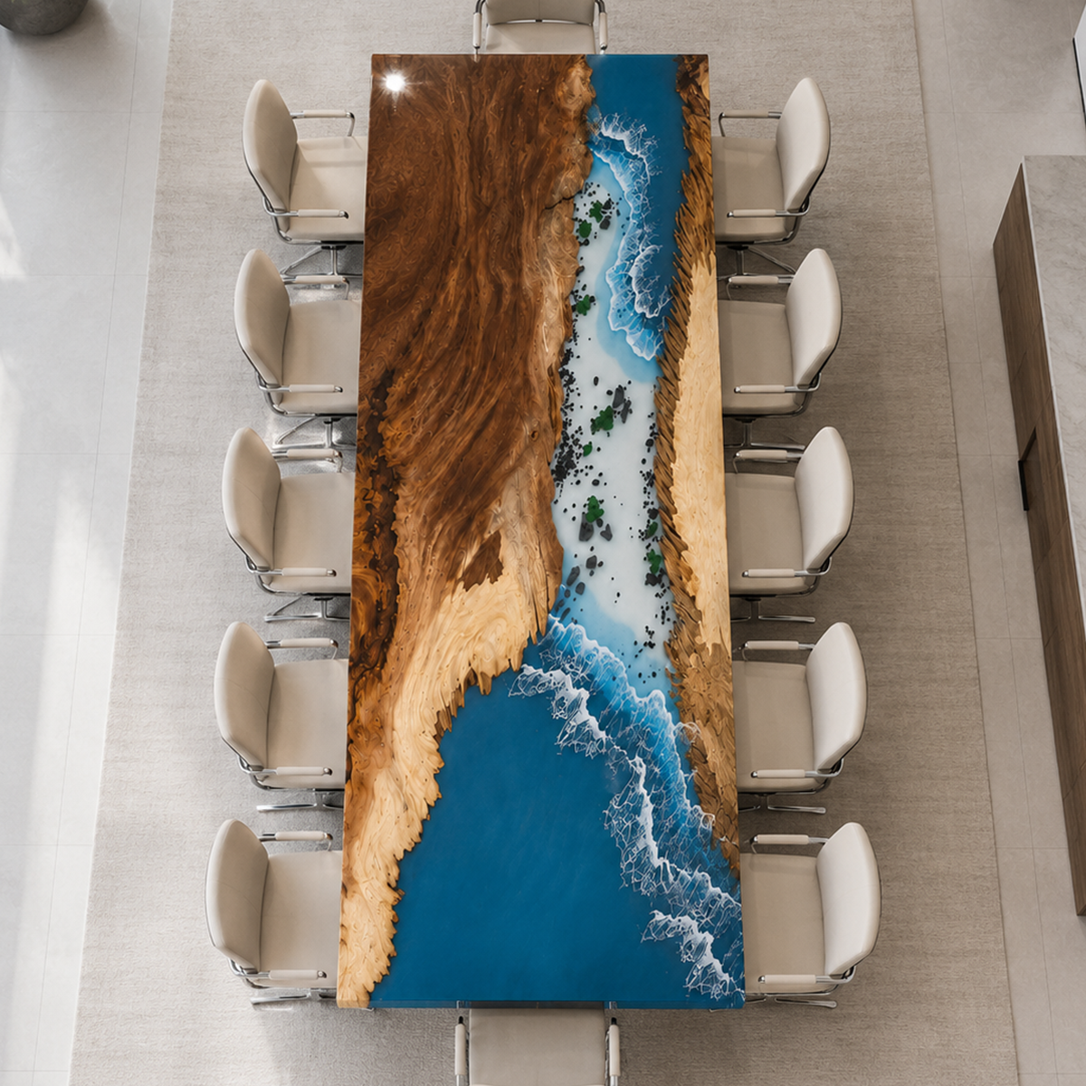 Walnut Wood with Blue Wave Epoxy Resin Conference Table