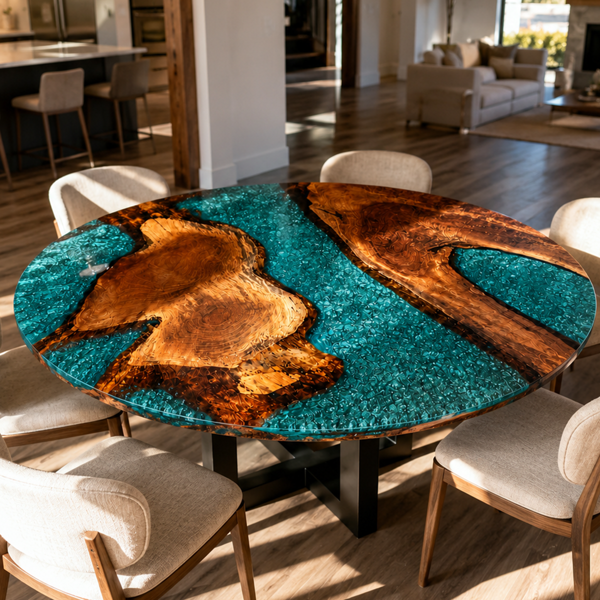 Walnut Wood Teal Resin Round Table