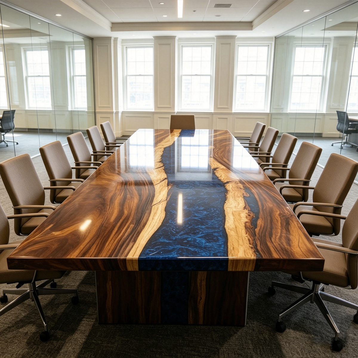 Walnut Wood Blue River Epoxy Resin Conference Table