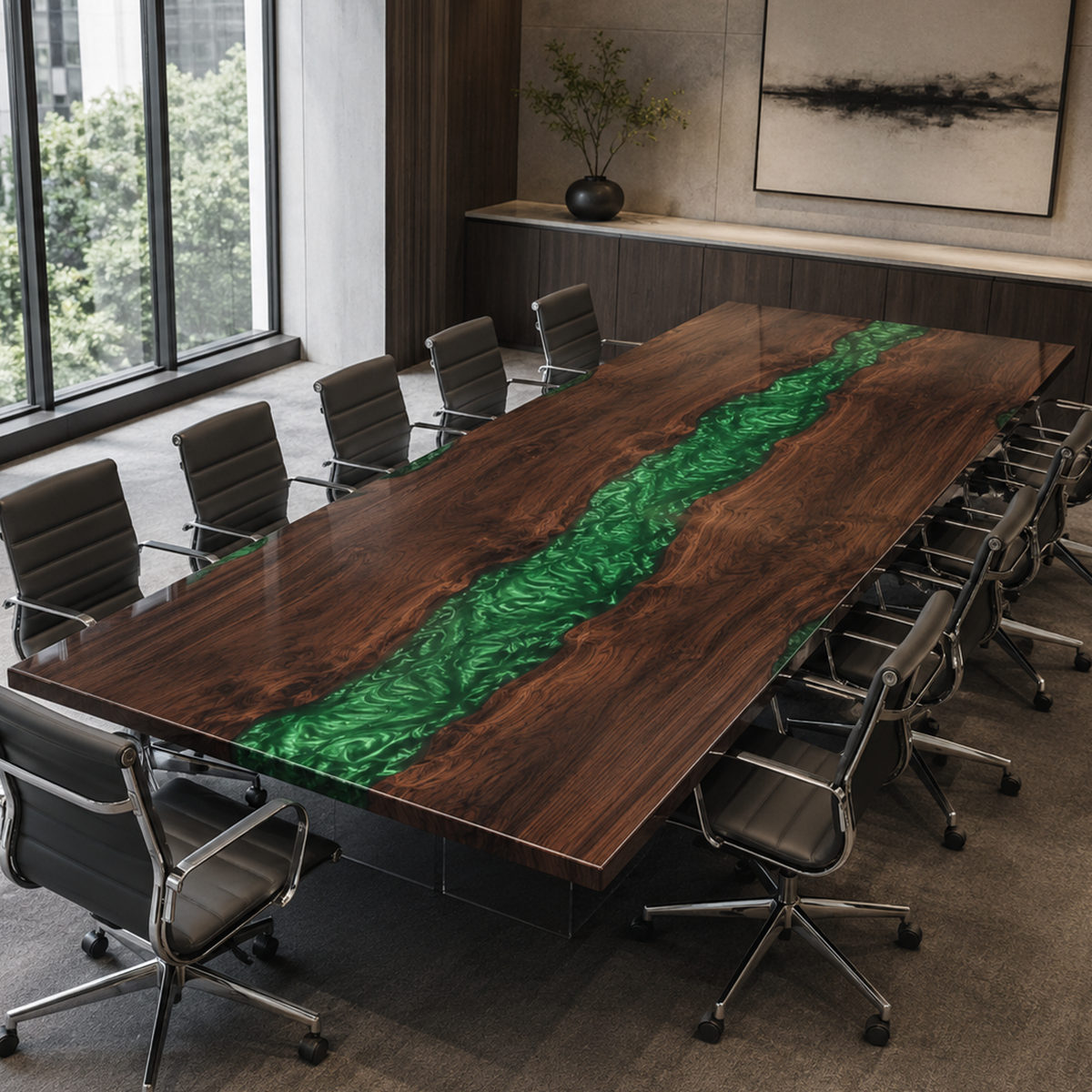 Black Walnut with Swirl Green Epoxy Resin Conference Table