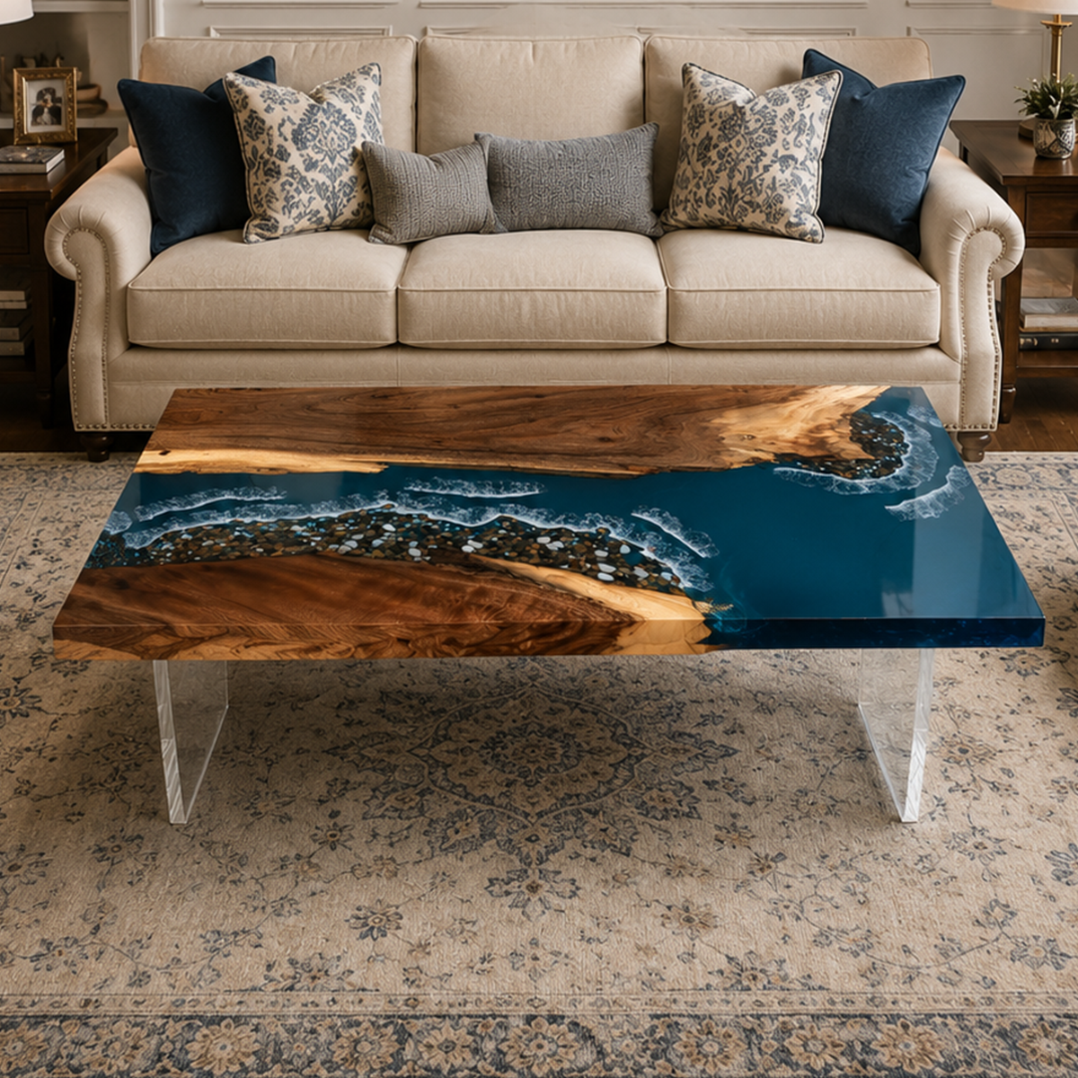 Walnut Wood Teal Ocean Wave Rectangle Resin coffee table