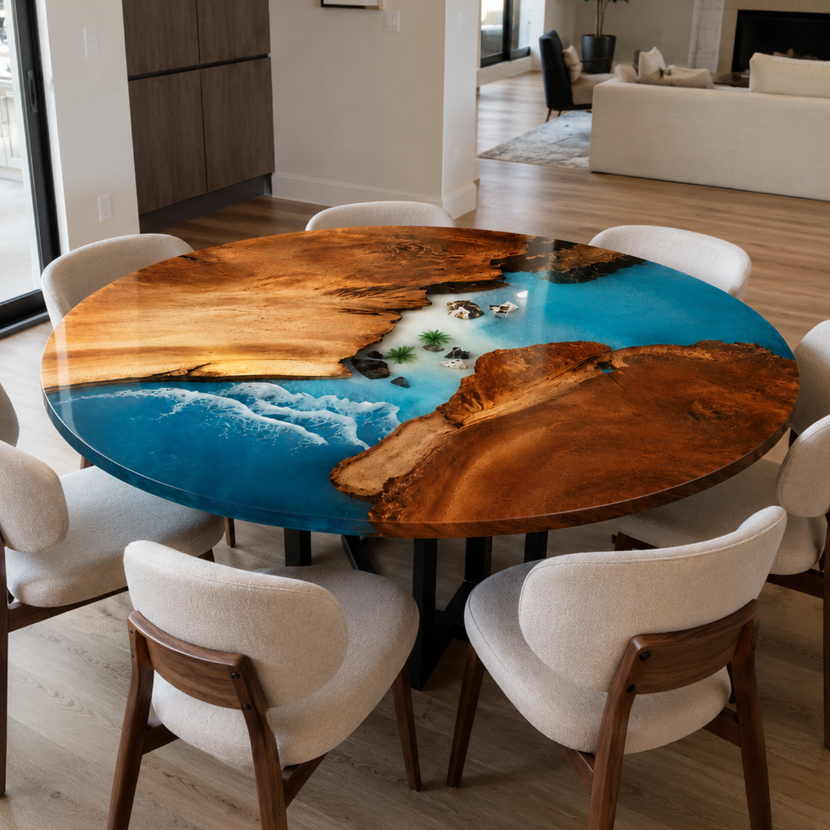 Olive Wood Blue Wave Resin Round Table
