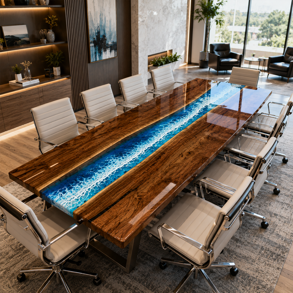 Black Walnut with Blue Wave Epoxy Resin Conference Table