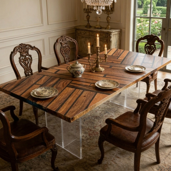 Black Walnut Wood Geometric Parquet Wood Epoxy Resin Dining Table