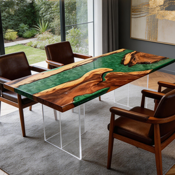 Walnut Wood Rectangle Green Epoxy Resin River Dining Table