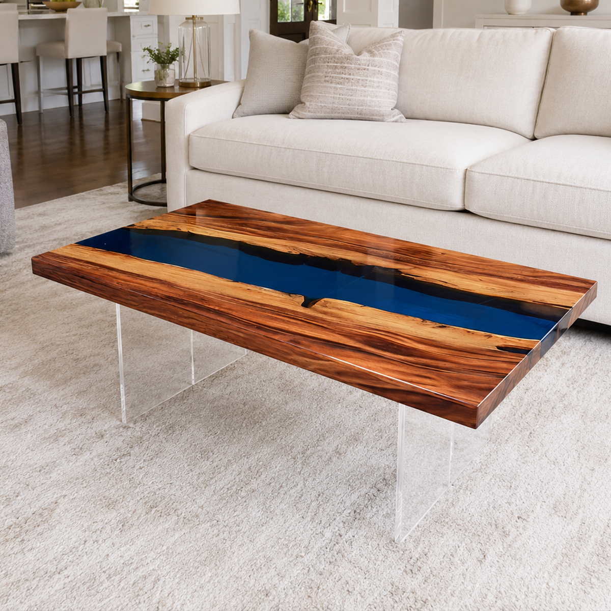 Walnut Wood Rectangle Blue Coffee Table