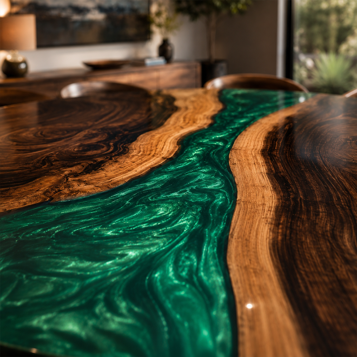 Black Walnut with Swirl Green Epoxy Resin Round Table