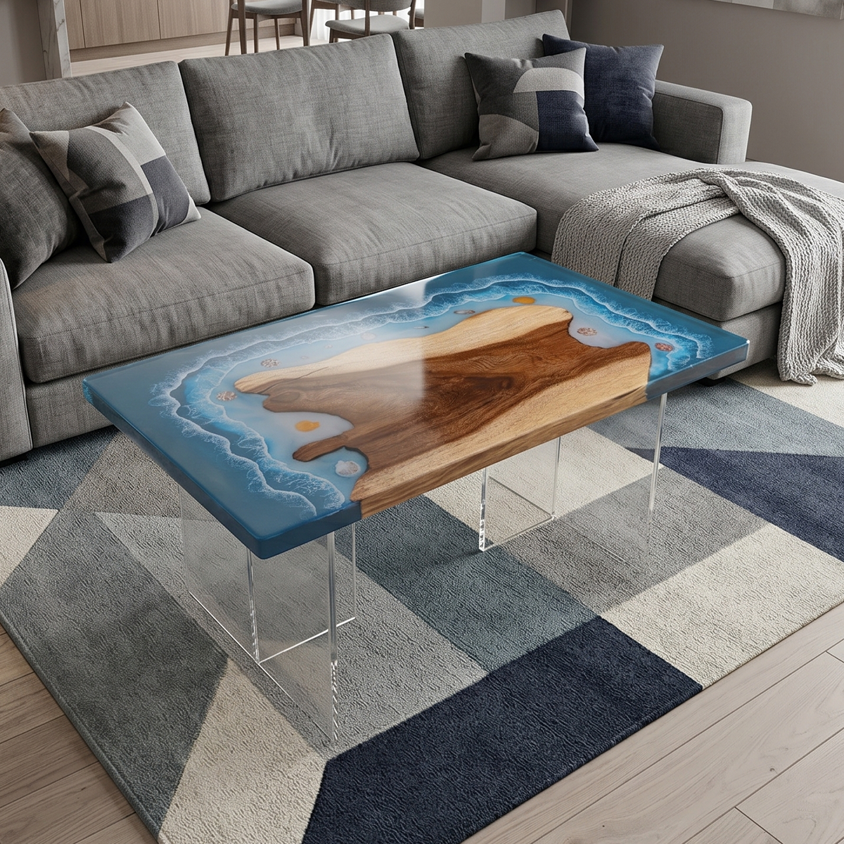 Walnut Wood Blue Wave Rectangle Coffee Table