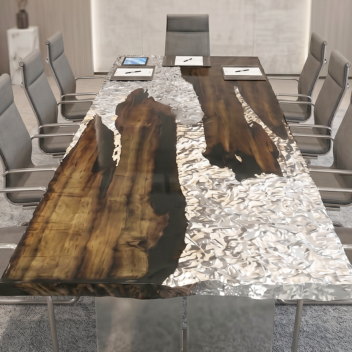 Silver Glacier Black Walnut Wood Epoxy Resin Conference Table