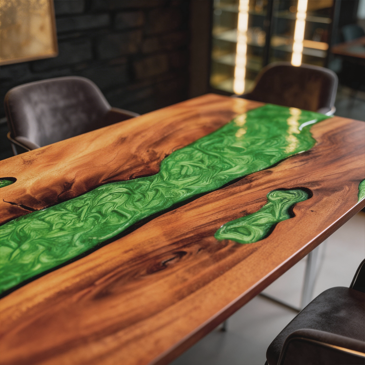 Walnut Wood Green Epoxy River Dining Table