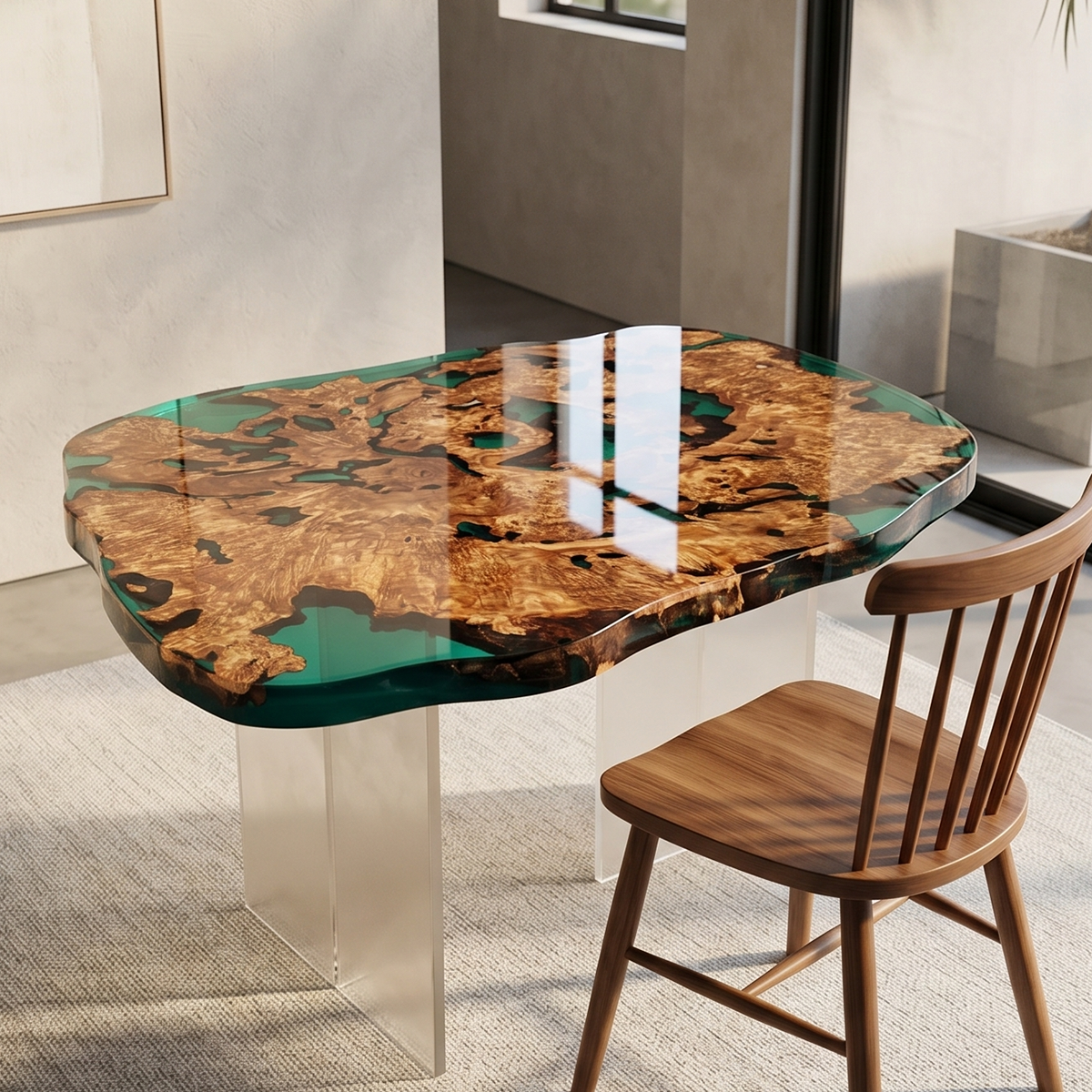 Burl Wood Teal Epoxy Resin Coffee Table