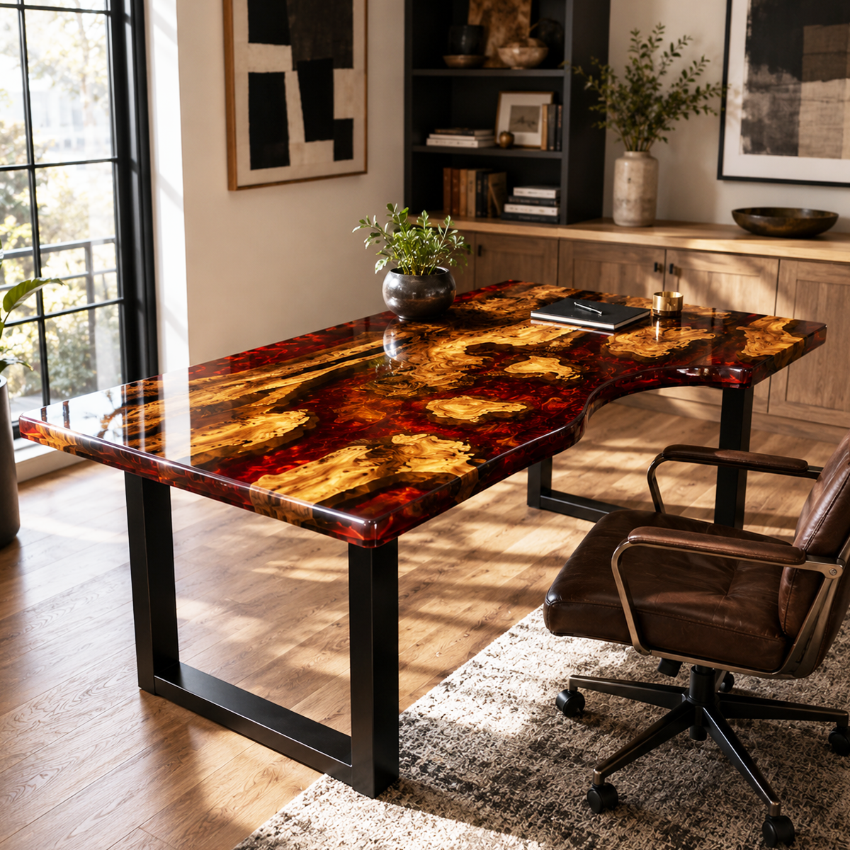 Poplar Burl Ergonomic Swirling Red Epoxy Resin Desk Table