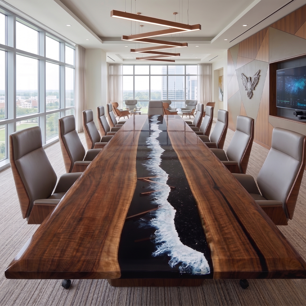 Walnut Wood Black Wave Epoxy Resin Conference Table