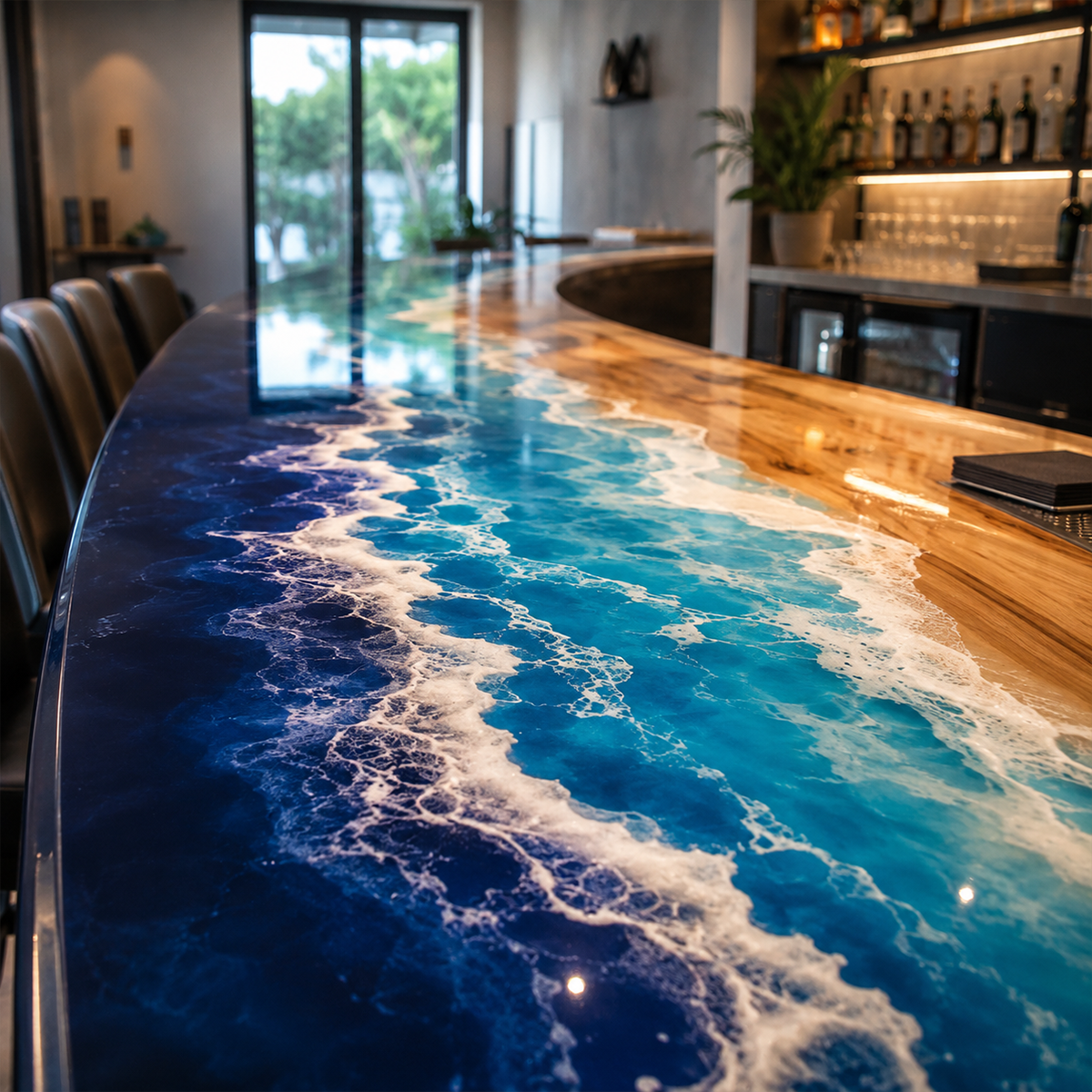 Walnut Wood Curved Ocean Wave Commercial Custom Epoxy Resin Bar Table