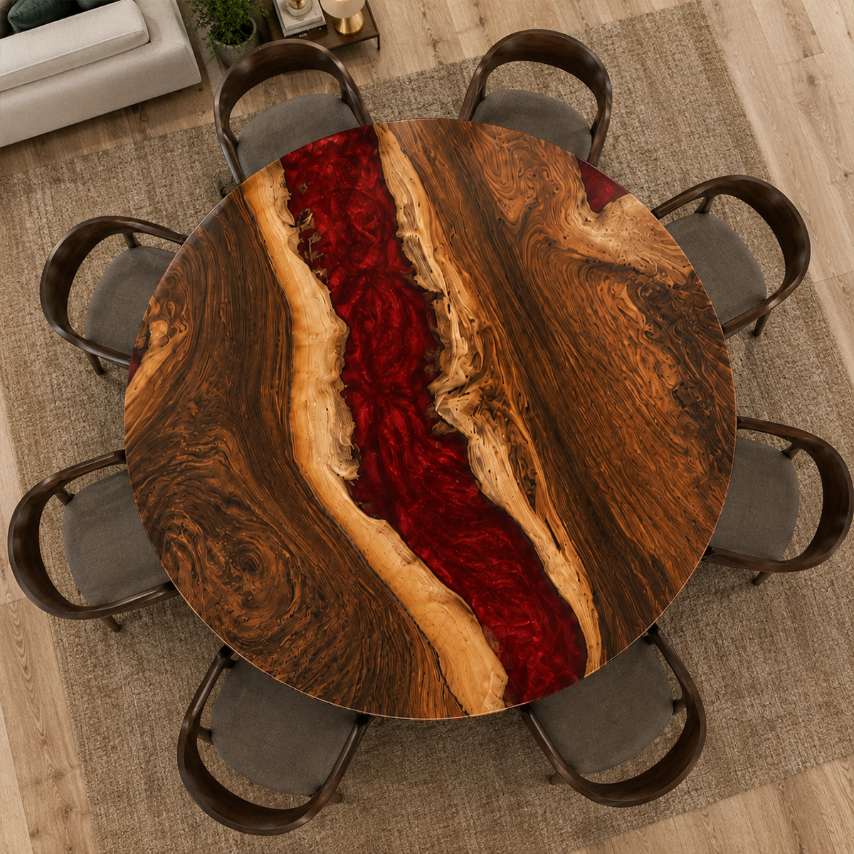 Walnut with Red Epoxy Resin Round Dining Table