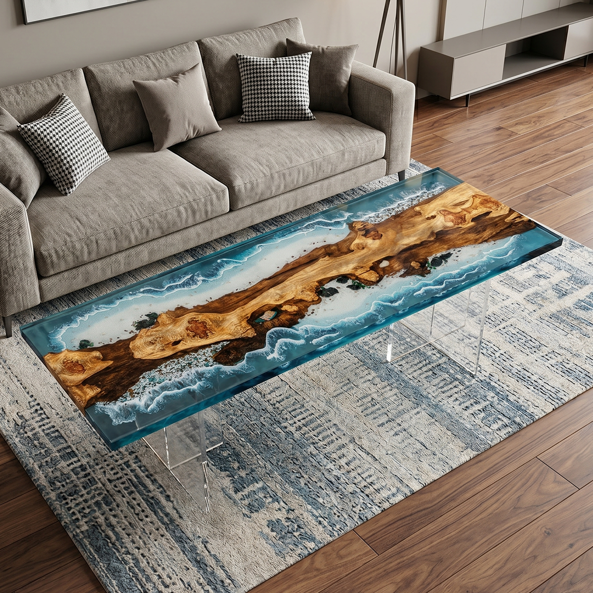 Walnut Wood Ocean Wave Resin Coffee Table