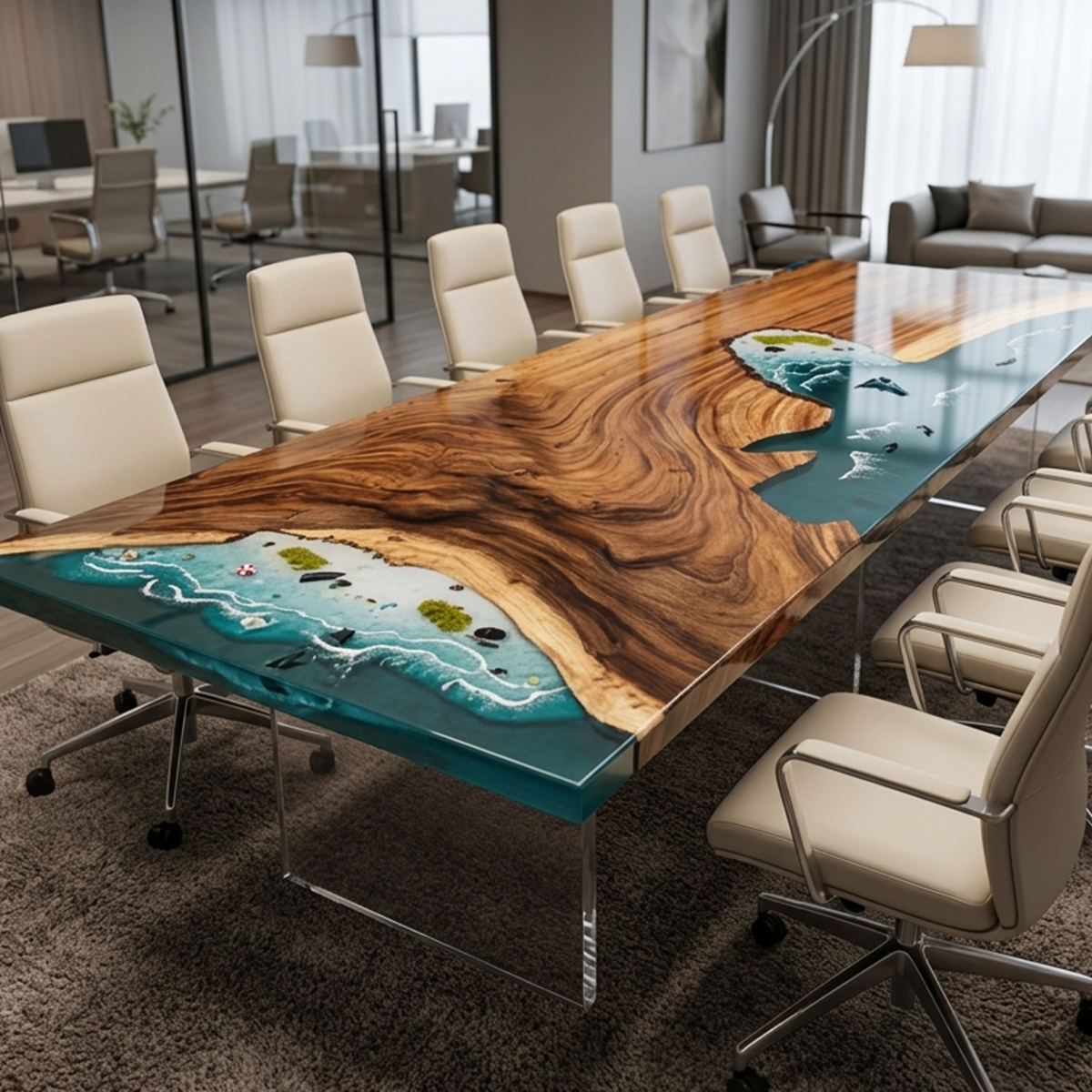 Olive Wood Ocean Scene Rectangle Resin Conference Table