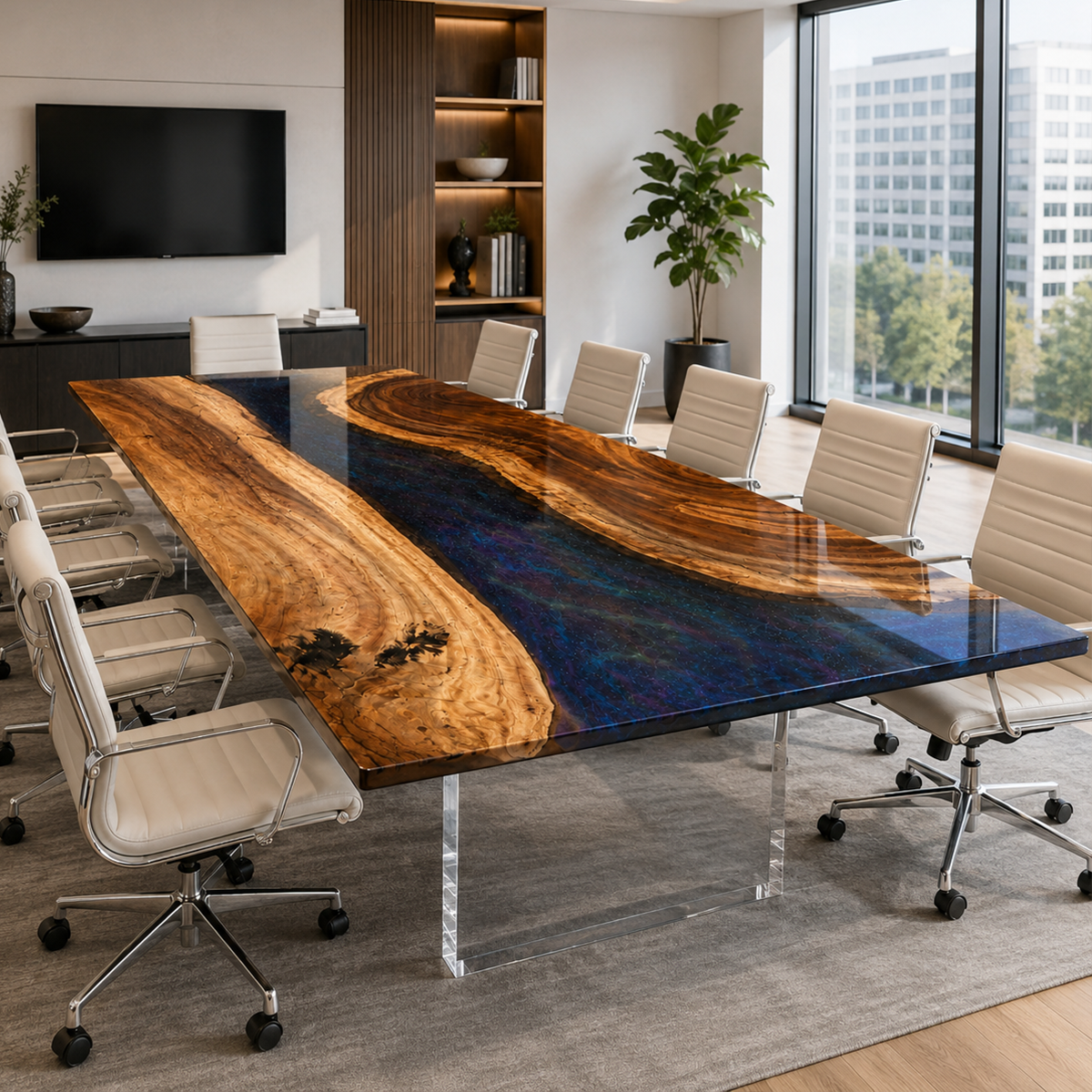 Walnut Wood with Sky Epoxy Resin Conference Table