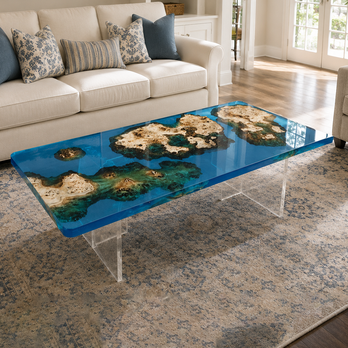 Poplar Wood Ocean Scene Rectangle Resin Coffee Table